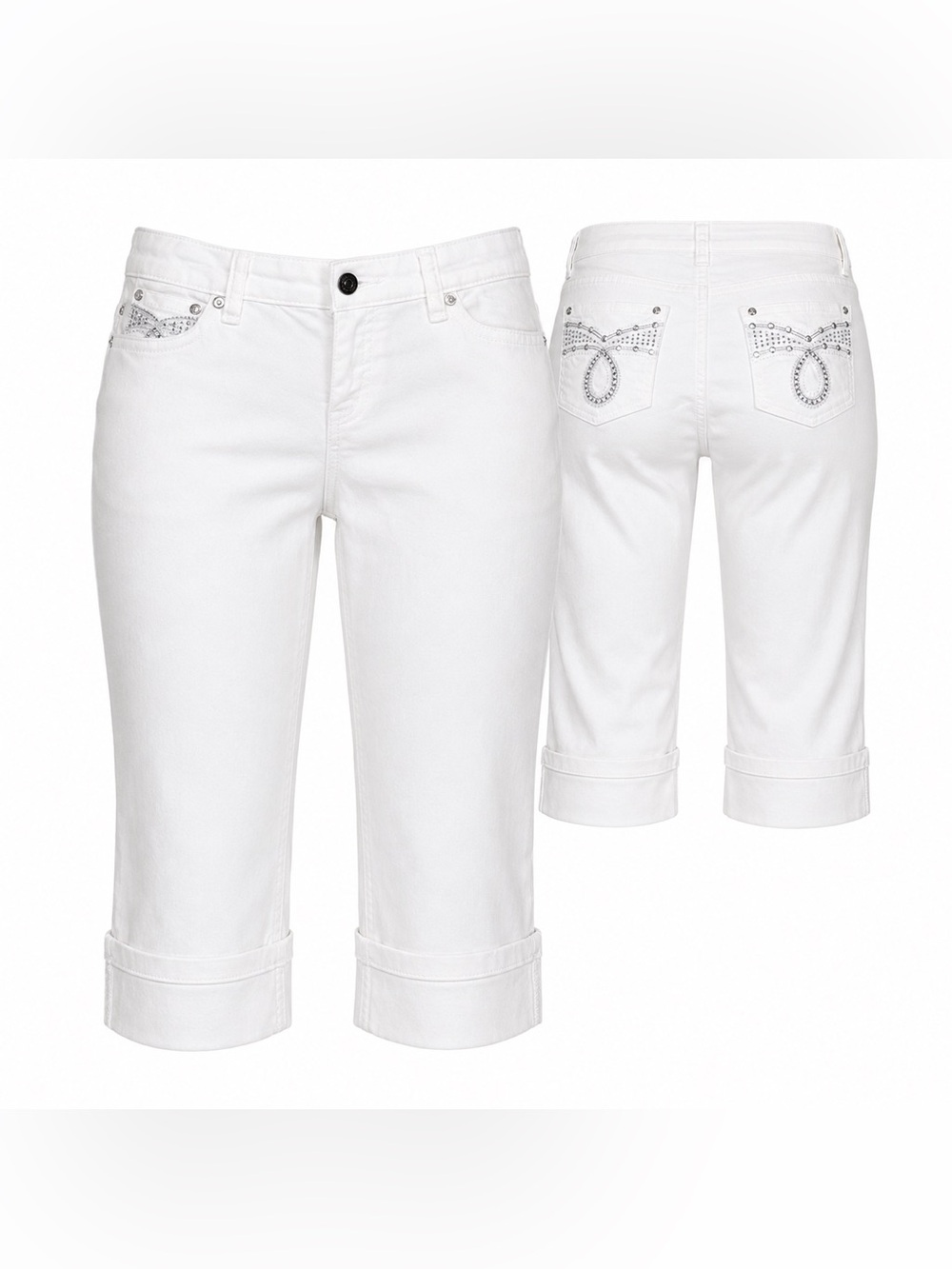 Earl Jeans White Cropped Cuffed Women's Denim with Rhinestone Detail